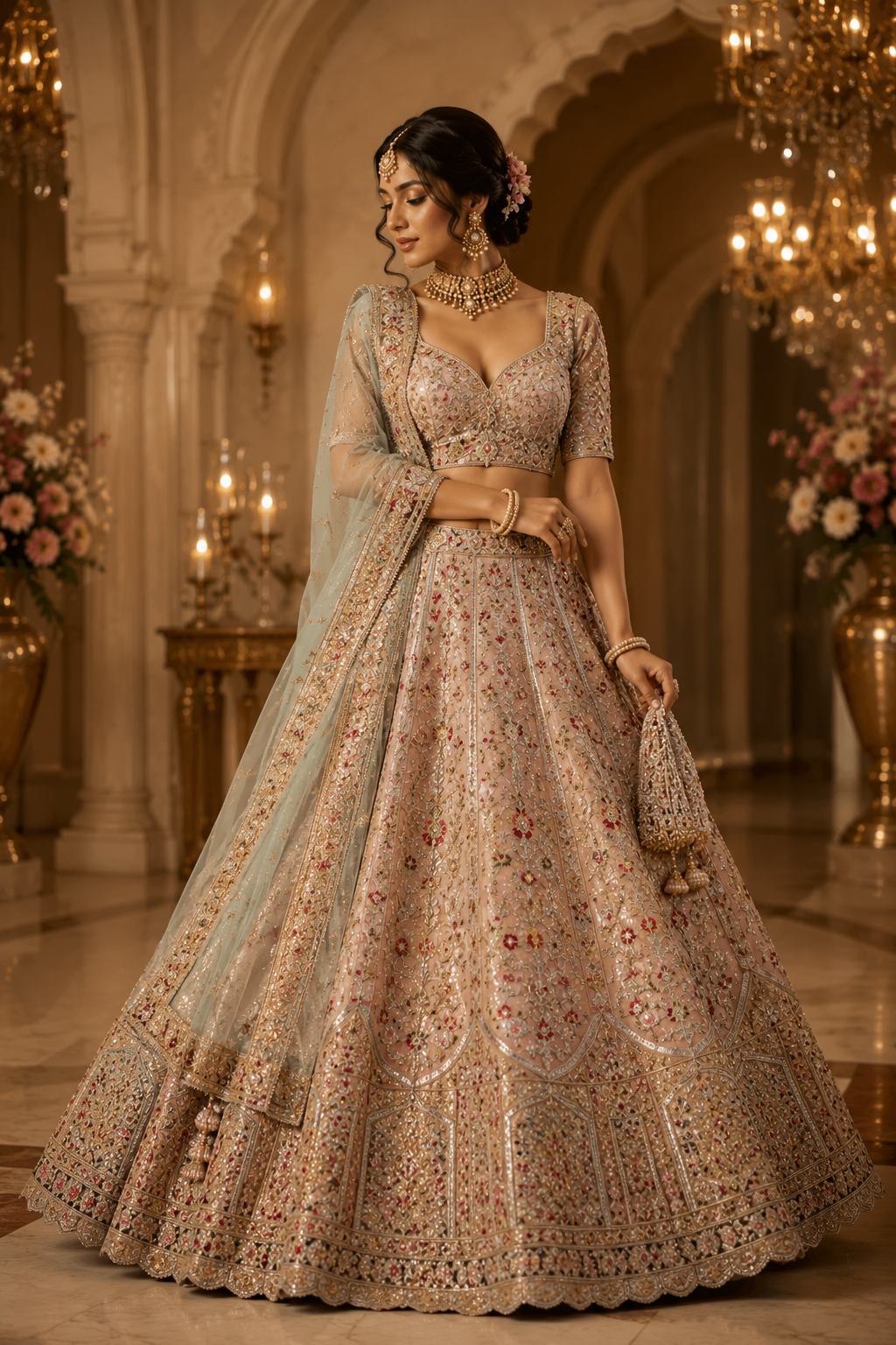 Satin Sequin Embroidery Bridal Lehenga Choli