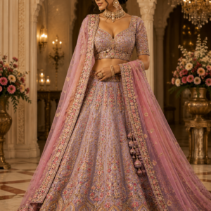 Satin Sequin Embroidery Bridal Lehenga Choli with Net Dupatta